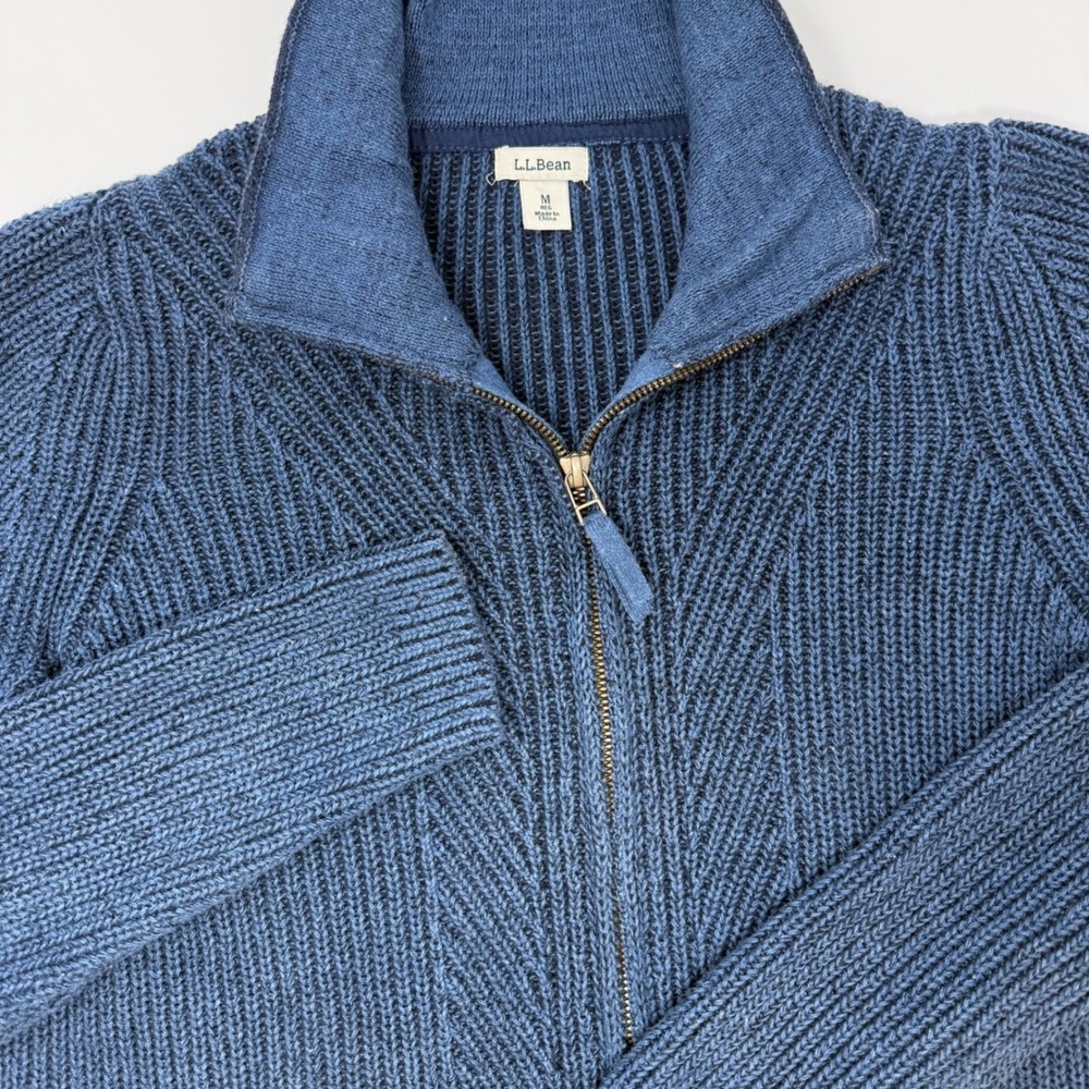 LL Bean Womens Medium Blue Shaker Stitch Cotton Full Zip Cardigan Sweater